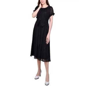 NY Collection Petite Swiss Dot Belted MIDI Dress Black Size PL 1878